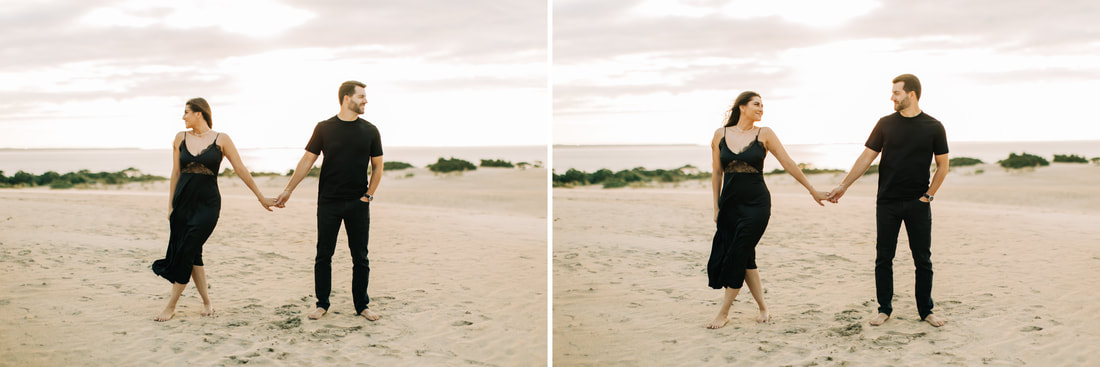 Nags head sand dunes engagement photos in black dress and black outfits at Jockeys ridge state park