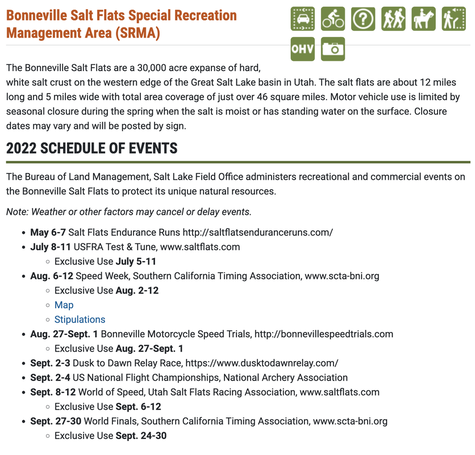 Bonneville Salt Flats Special Events Dates that are important for best time to elope at the Bonneville Salt Flats Wedding