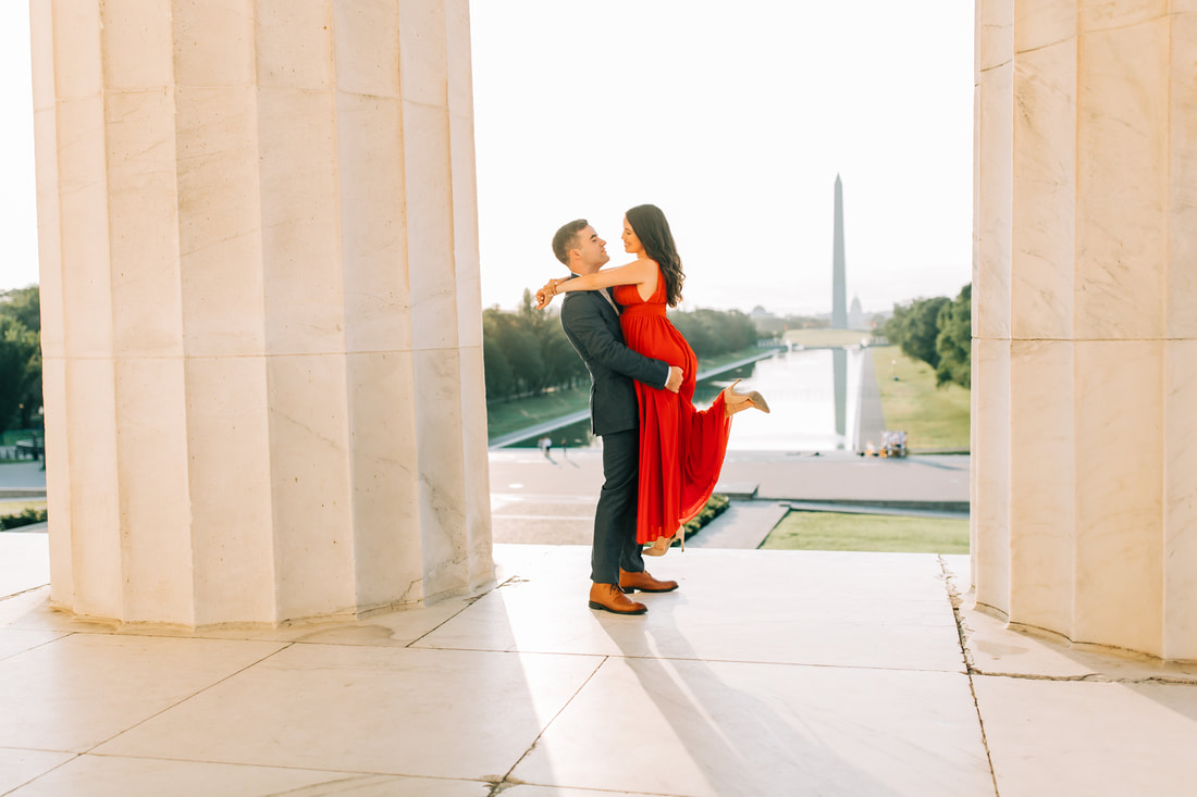Lincoln Memorial engagement photos taken at sunrise in Washington DC next to Jefferson Memorial and Washington Monument