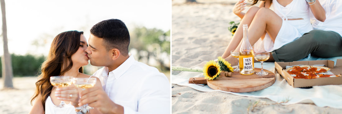 Raleigh wedding photographer Miami pizza picnic beach engagement champagne 