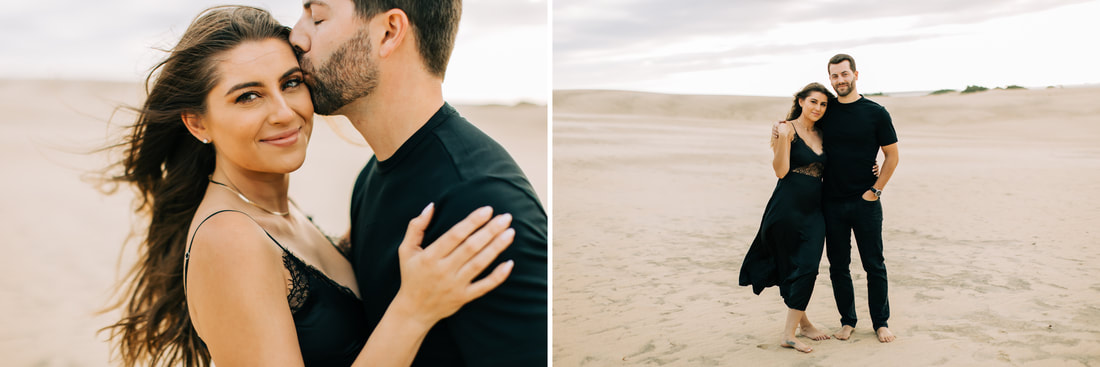 Sand Dunes engagement in all black outfits, jockey's ridge state park 
