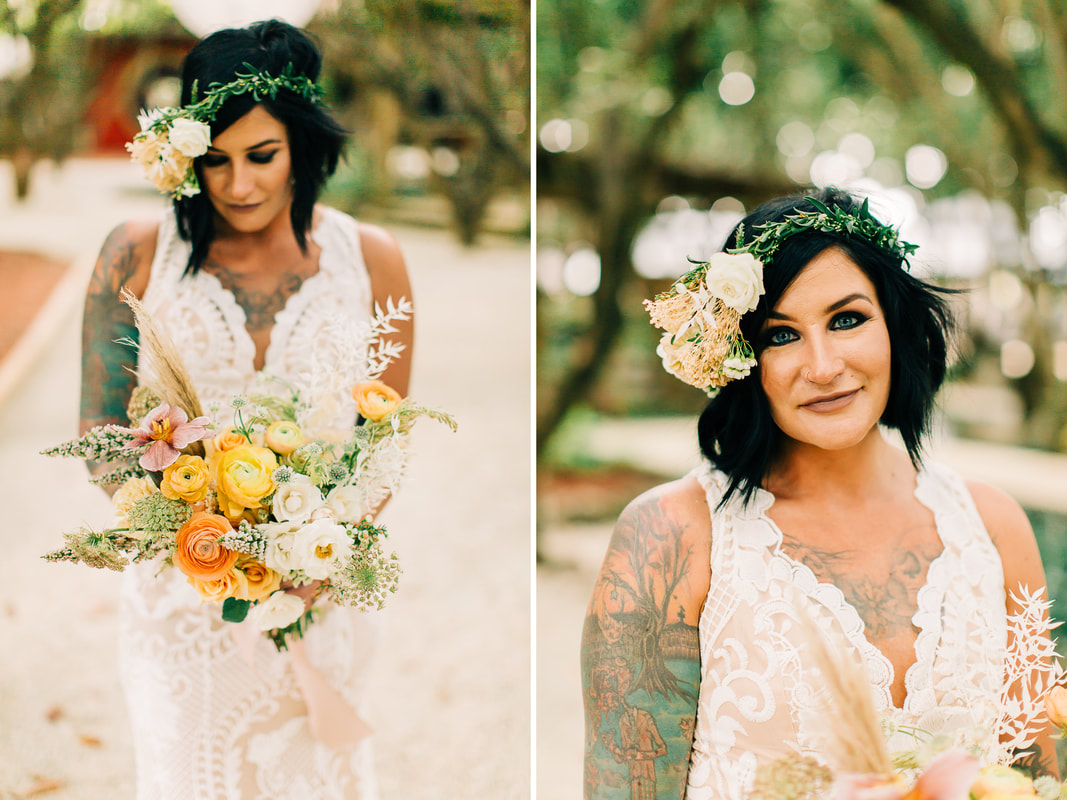 Raleigh Wedding Photographer, Redland Koi Gardens Wedding, Miami Elopement, Boho bridal pictures flower crown