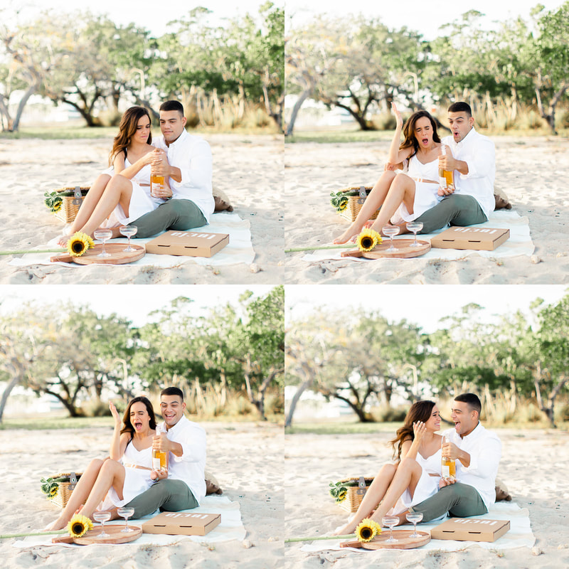 Raleigh wedding photographer Miami pizza picnic beach engagement popping champagne 