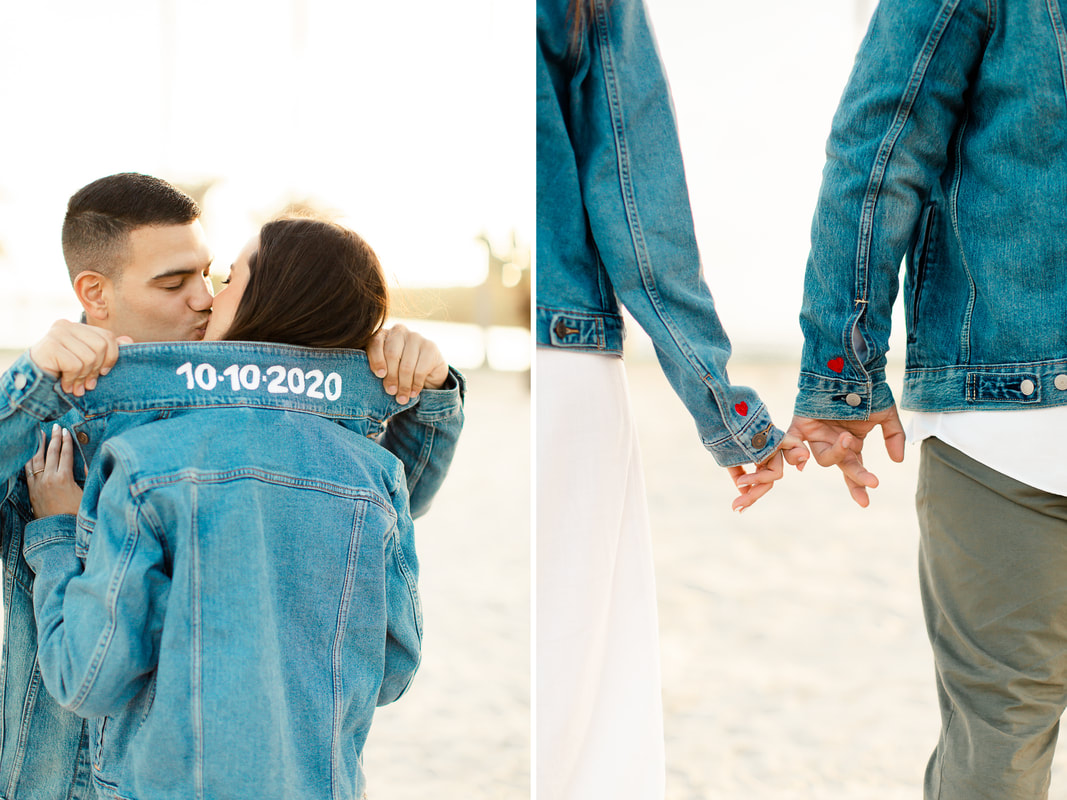 Raleigh wedding photographer Miami pizza picnic beach engagement matching couple jean jackets