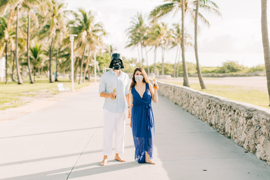 Raleigh wedding photographer Miami beach engagement south beach Corona Darth Vader masks 