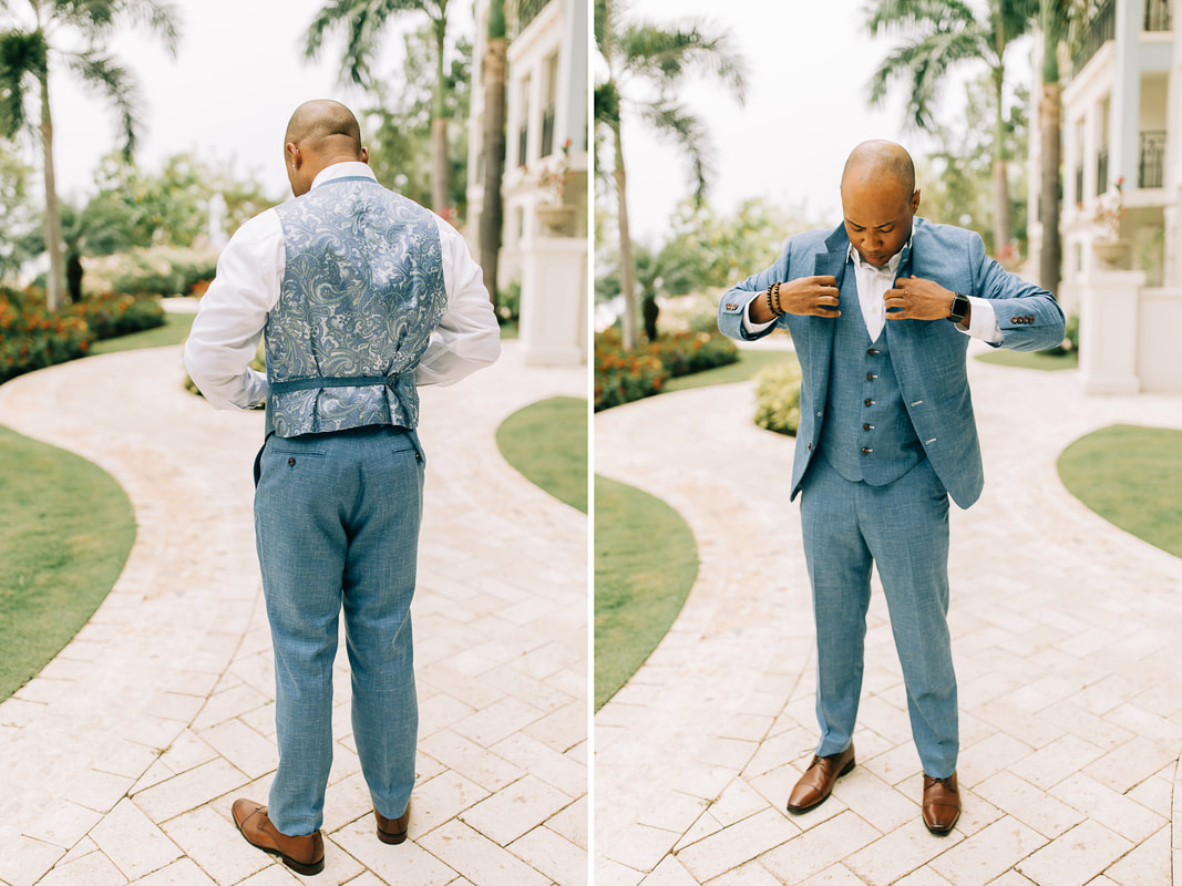 Groom getting ready in blue suit at Sandals South Coast Jamaica 