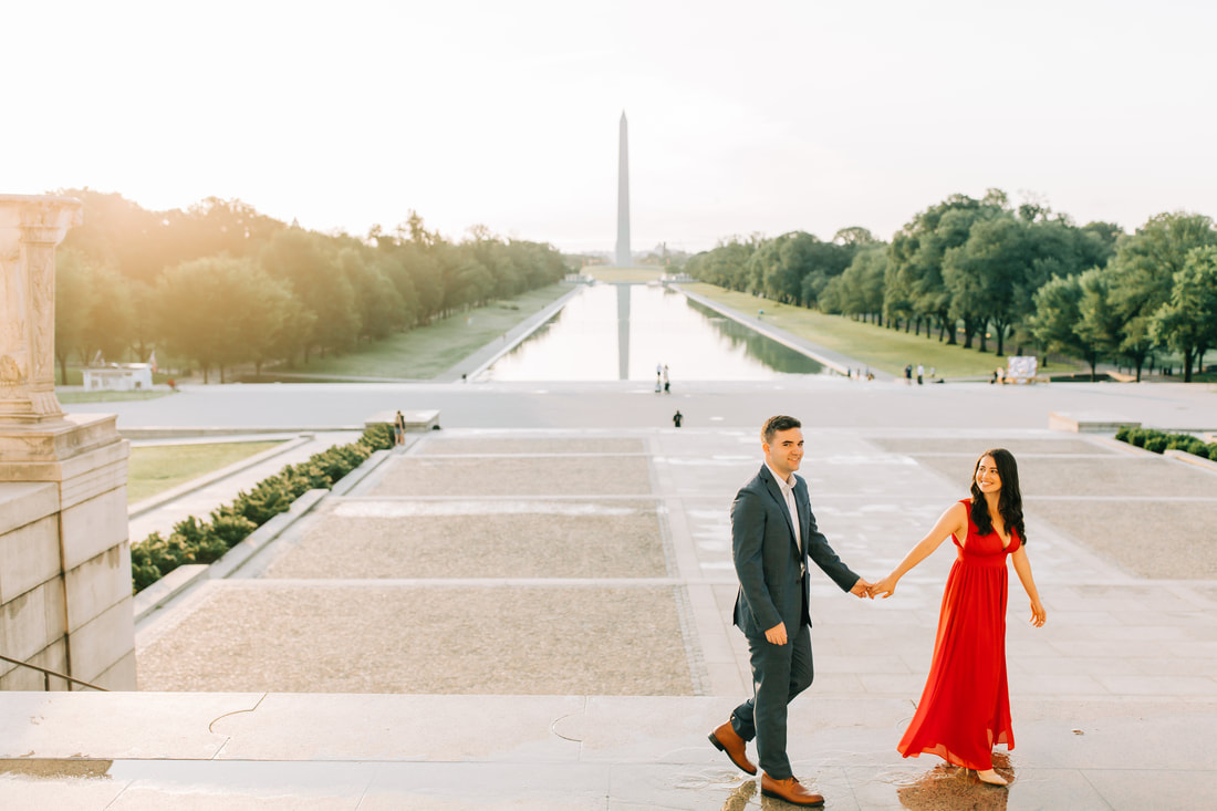 Lincoln Memorial engagement photos at sunrise in Washington DC wedding photographer red dress